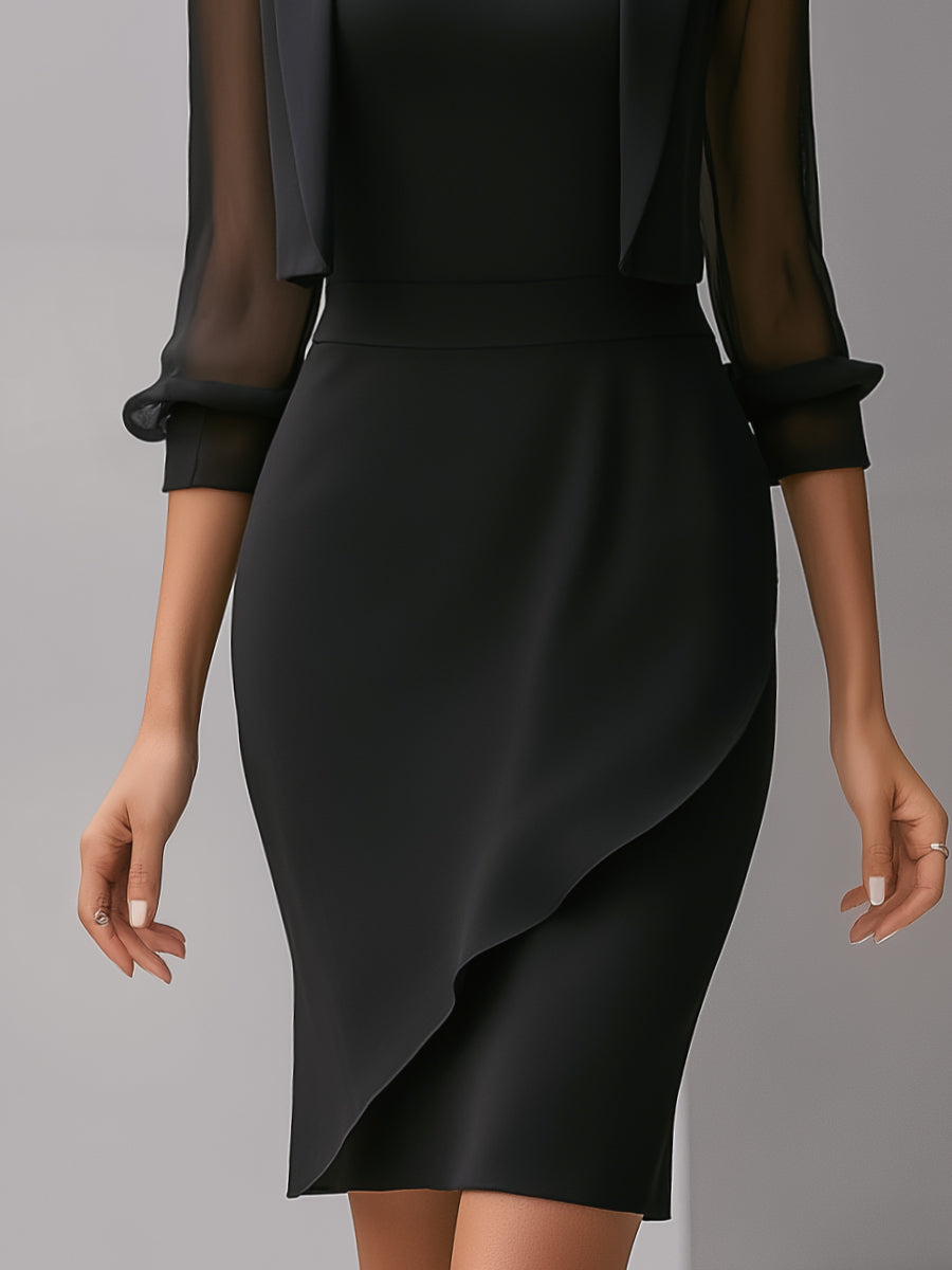 Black Sheer-sleeved Blazer And Asymmetrical Dress Two-piece Set
