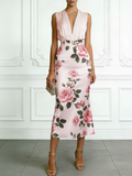 Women Pink Floral V Neck Sleeveless Romantic Top With Skirt Two-Piece Set