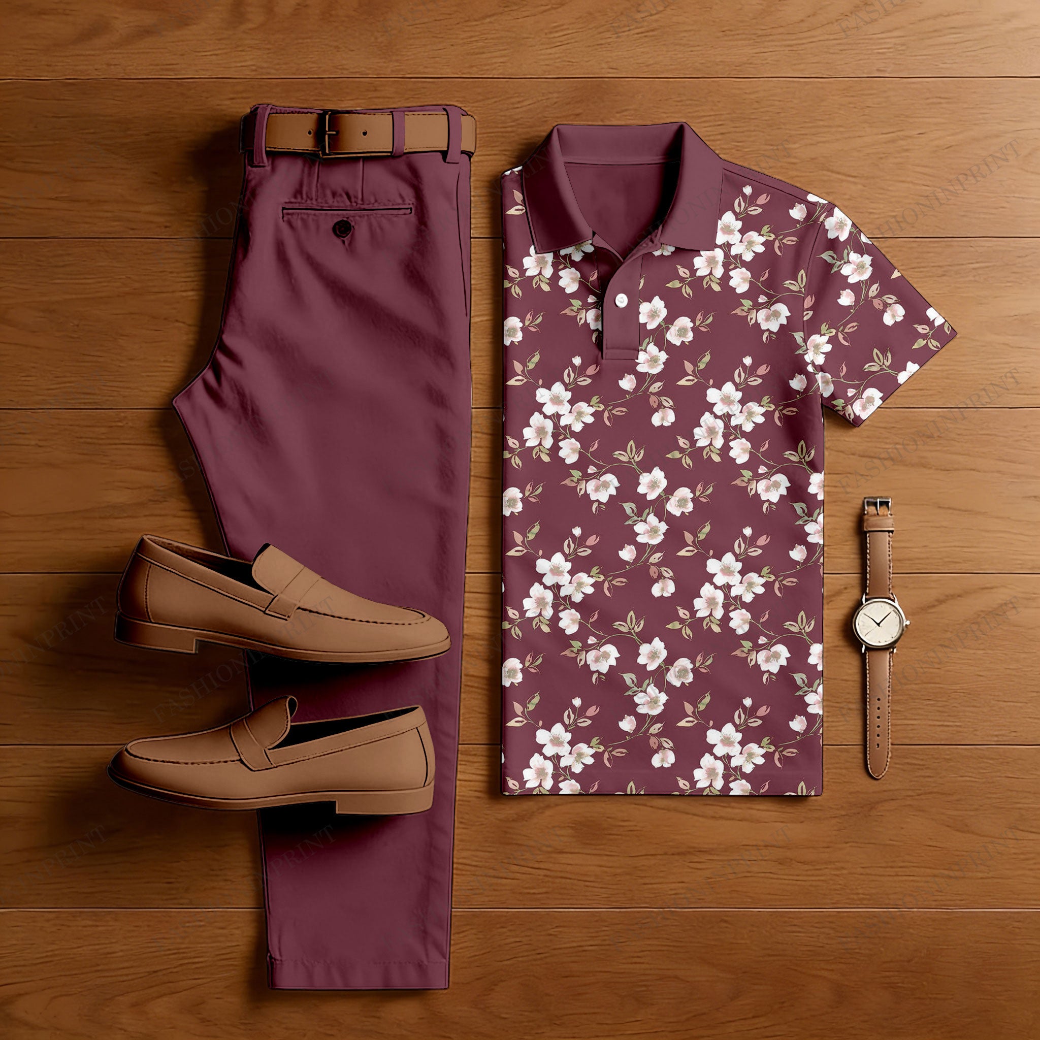 Men's Casual Reddish-Brown Printed Polo Shirt And Pants Two-Piece Set