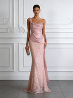 Pink Glitter Classic One Shoulder Sleeveless Mermaid Floor-length Gown Dress