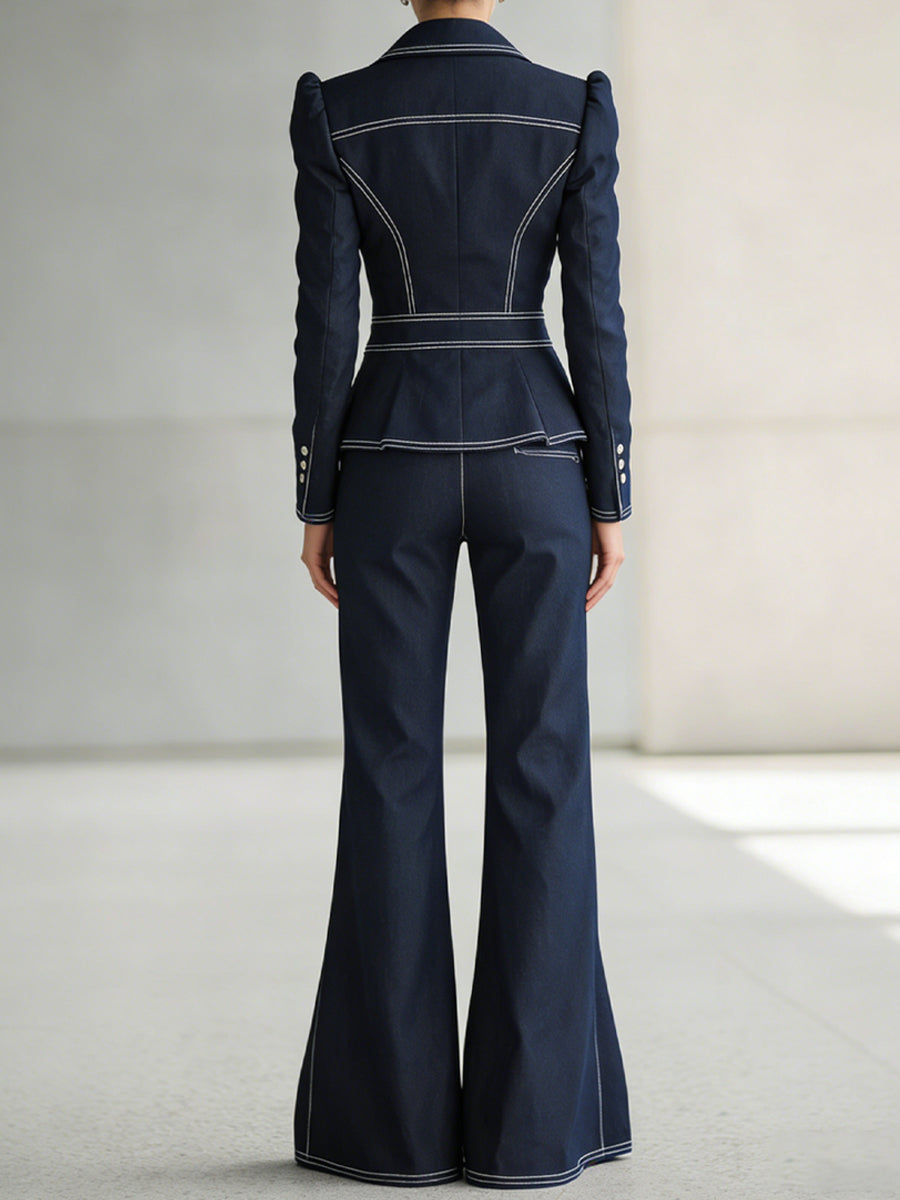Women's Casual Denim Blazer And Wide-leg Pants Set