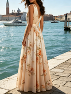 Orange Floral Chiffon V Neck Sleeveless A-Line Floor-length Gown Dress