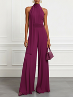 Women Cyan Ruched Halter Mock Neck Sleeveless Dressy Jumpsuit