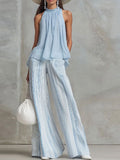 Women's Halter-neck Mesh Sleeveless Top & Striped Trousers Set
