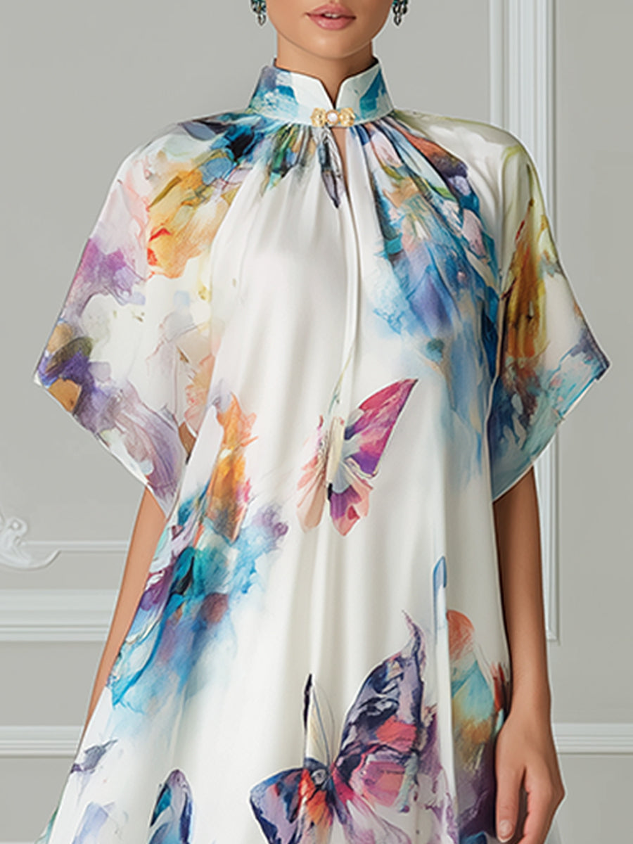 Prism Butterfly Mandarin Collar Midi Dress