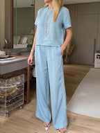 Women's Round Neck Short Sleeve Casual Loose Top High Waist Casual Loose Wide Leg Pants Cotton Linen Set