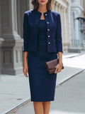 Pearl Button Cropped Jacket & Pencil Dress Tailored Set