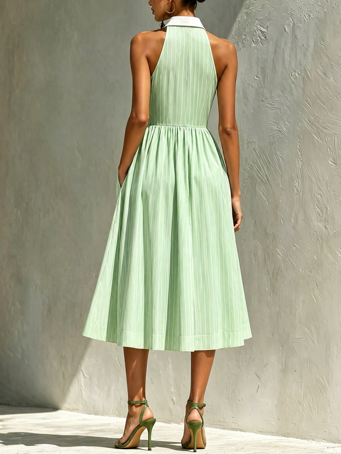 Striped Color-block Lapel Sleeveless A-line Dress With Cinched Waist