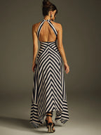 Stylish Artistic Striped Halter Sleeveless Maxi Dress