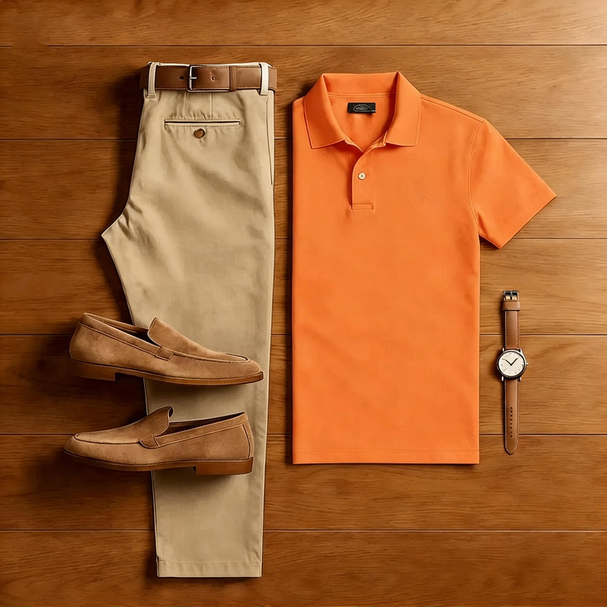 Men's Casual Orange Polo Shirt And Khaki Pants Two-Piece Set
