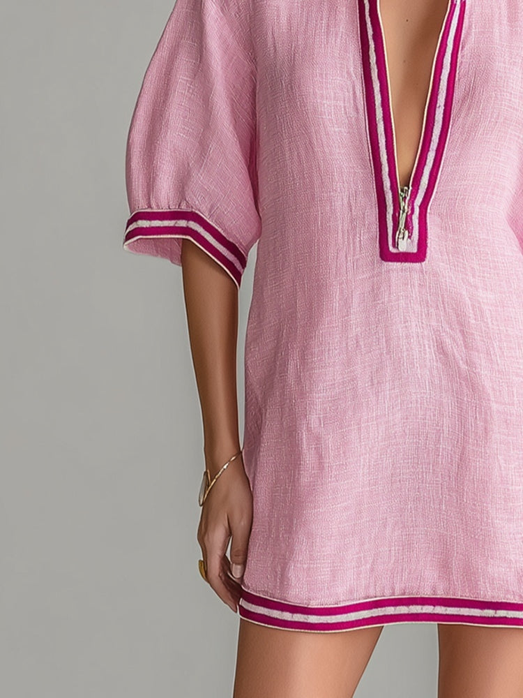 Pink Color-blocked Stand-up Collar Zipper Loose Mini Dress