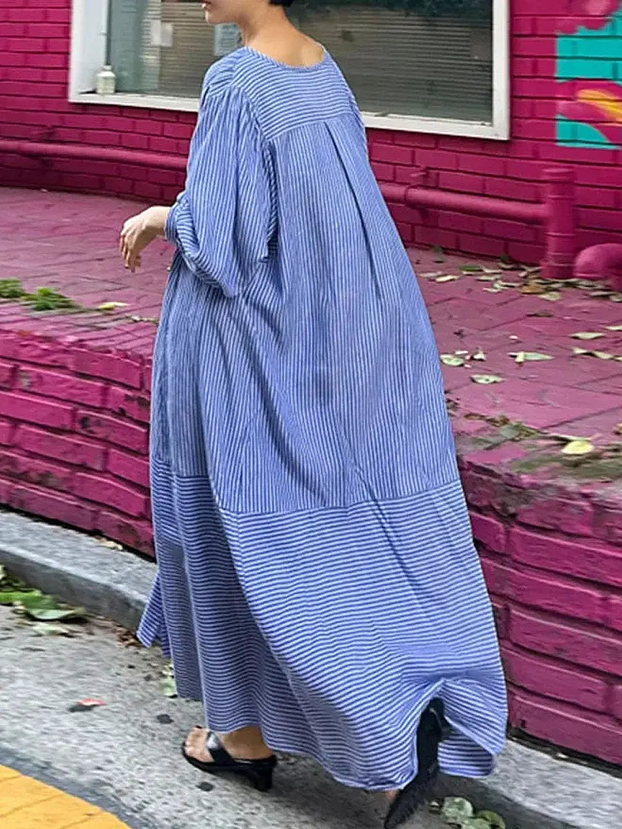 Women's Retro Striped Art Casual Button Cotton Linen Maxi Dress