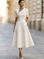 Asymmetric Lapel Short Sleeve Fit-and-Flare Midi Dress