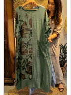 Loose-fitting Casual Floral Print Linen And Cotton Dress