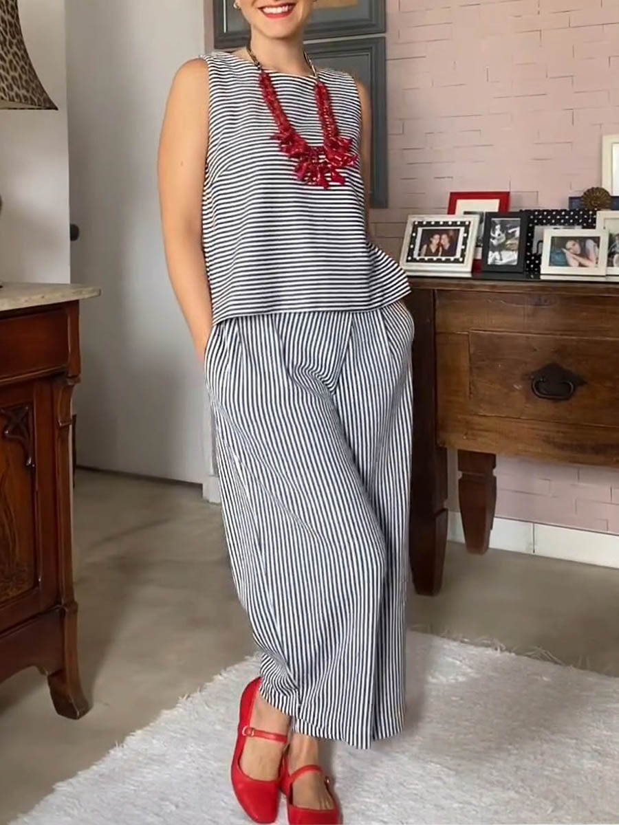 Women's Striped Print Crew Neck Sleeveless Loose-fit Cotton Top & High-waisted Wide-leg Cotton-linen Pants Set