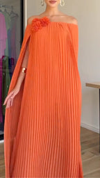Orange Pleated Off-Shoulder Cape Dress