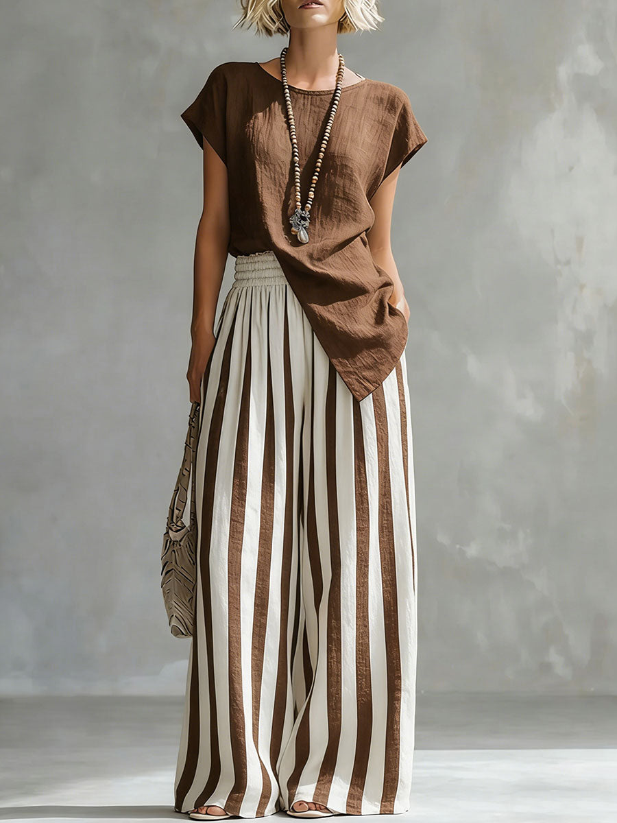 Cozy Loose-fit Striped Cotton-linen Two-piece Set