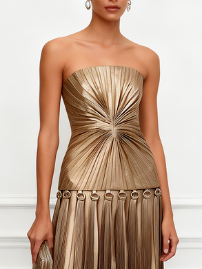 Golden Pleated Grommets Satin Strapless Sleeveless A-Line Maxi Dress