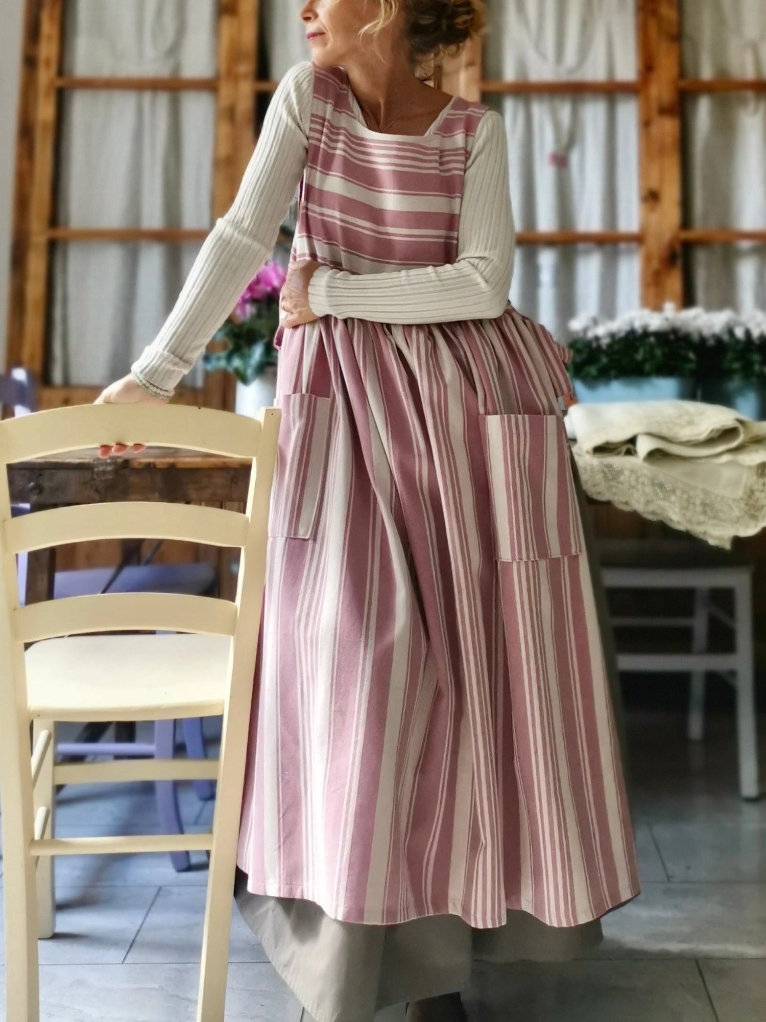 Pink and Cream Striped Cotton Apron