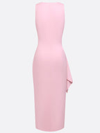 Pink Ruched Peplum Knit Lyocell Deep V Neck Sleeveless Bodycon Midi Dress