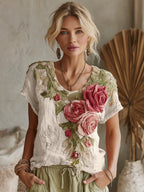 Women's Vintage Floral Art Linen Crew Neck Short Sleeve T-shirt