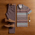 Men's Casual Red Brown & Multi Color Matching Striped Printed Short Sleeved Polo Shirt & Trousers Two-Piece Set