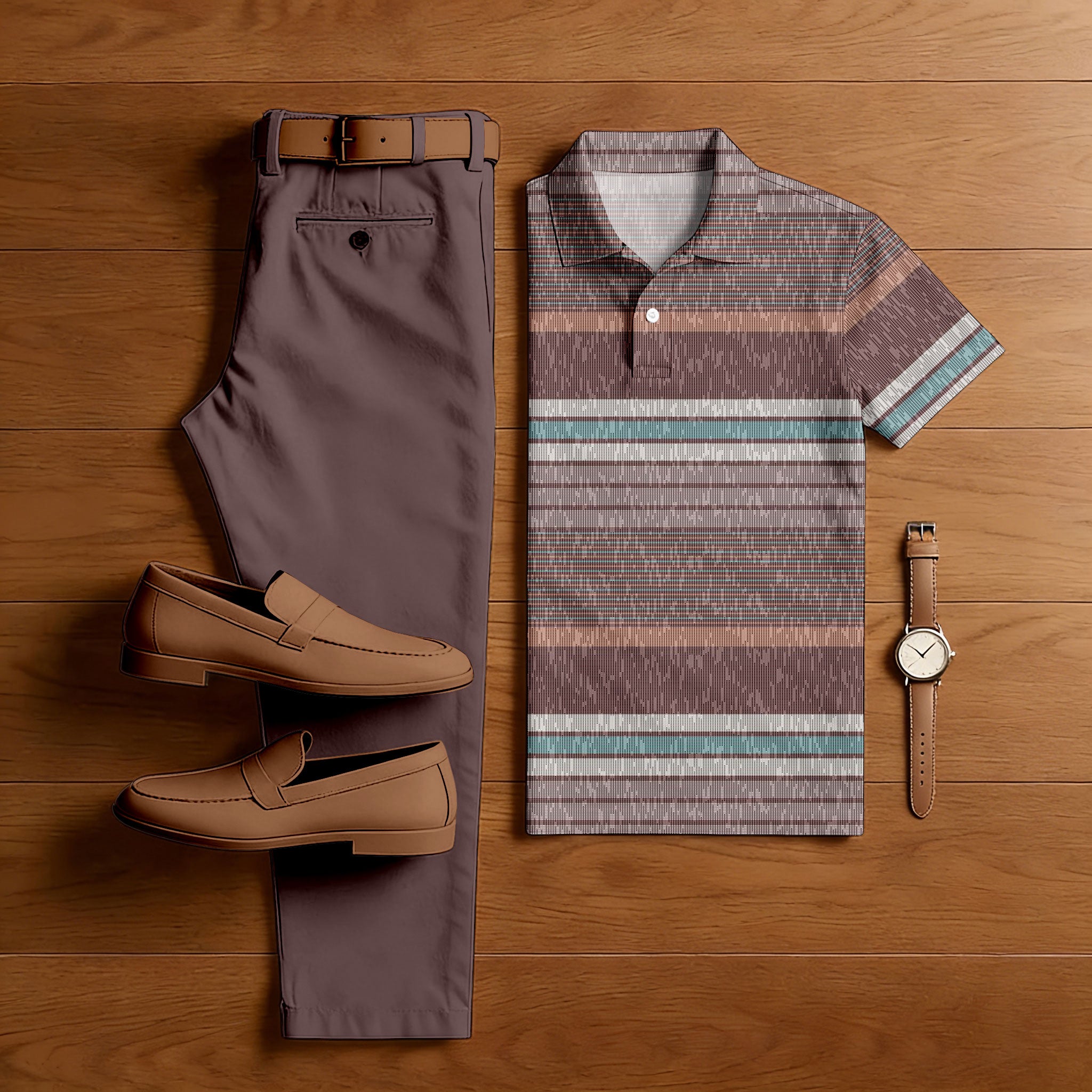 Men's Casual Red Brown & Multi Color Matching Striped Printed Short Sleeved Polo Shirt & Trousers Two-Piece Set