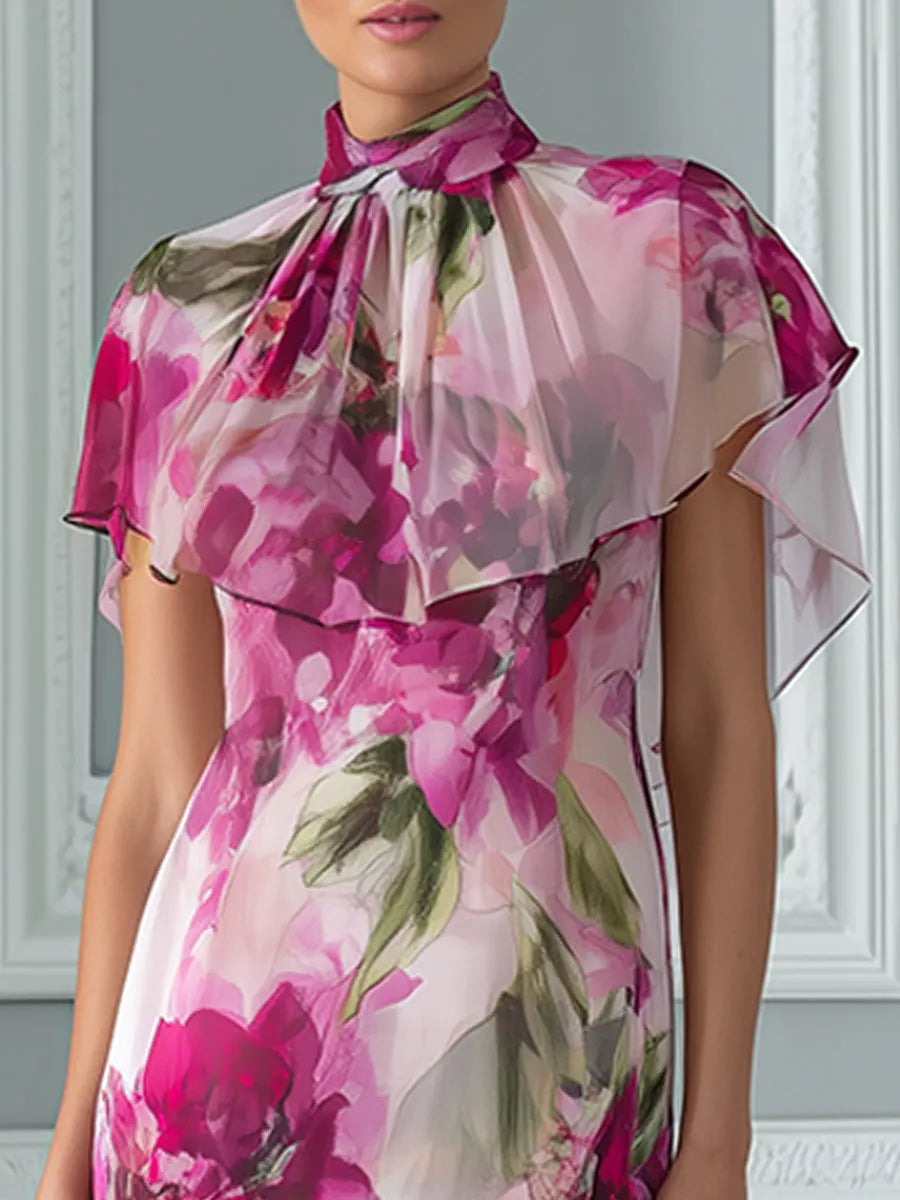 Floral Print Maxi Dress With Flutter Capelet