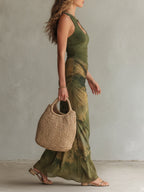 Retro Keyhole-Neck Oil Painting Print Maxi Dress