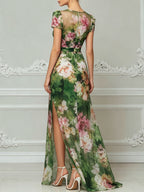 Elegant Green Floral Print Short Sleeve Chiffon Maxi Dress
