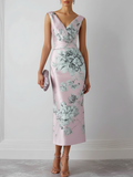 Pink Floral Satin V Neck Sleeveless Sheath Midi Dress