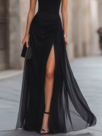 Draped High-Slit Layered Maxi Evening Dress
