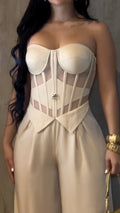Nude Mesh & Boned Top + Trousers Two-Piece Set