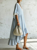 Romantic Striped Lace Asymmetrical Hem Loose-fit Dress