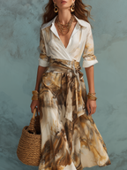 Gold And Brown Printed Shirt And Wrap Skirt Set