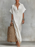 Women's Solid Color Collared Short-sleeved Casual Loose Linen Dress