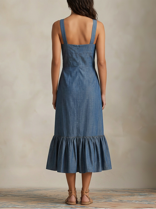 Chambray Denim Button-Front Midi Dress With Ruffle Hem