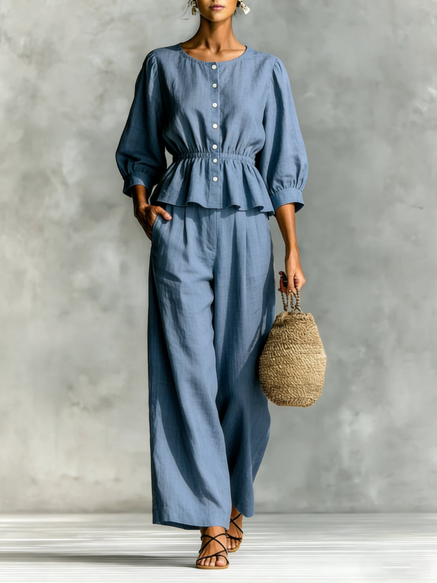 Women's Minimalist Casual Ruffle Cotton and Linen Set