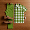 Men's Casual Green & White Color Matching St. Patrick's Day Checkered Printed Short Sleeved Polo Shirt & Trousers Two-Piece Set