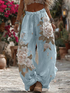 Women's Vintage Romantic White Rose Embroidery Art Comfy Linen Pants