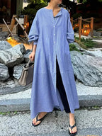 Women's Retro Striped Art Casual Button Cotton Linen Maxi Dress