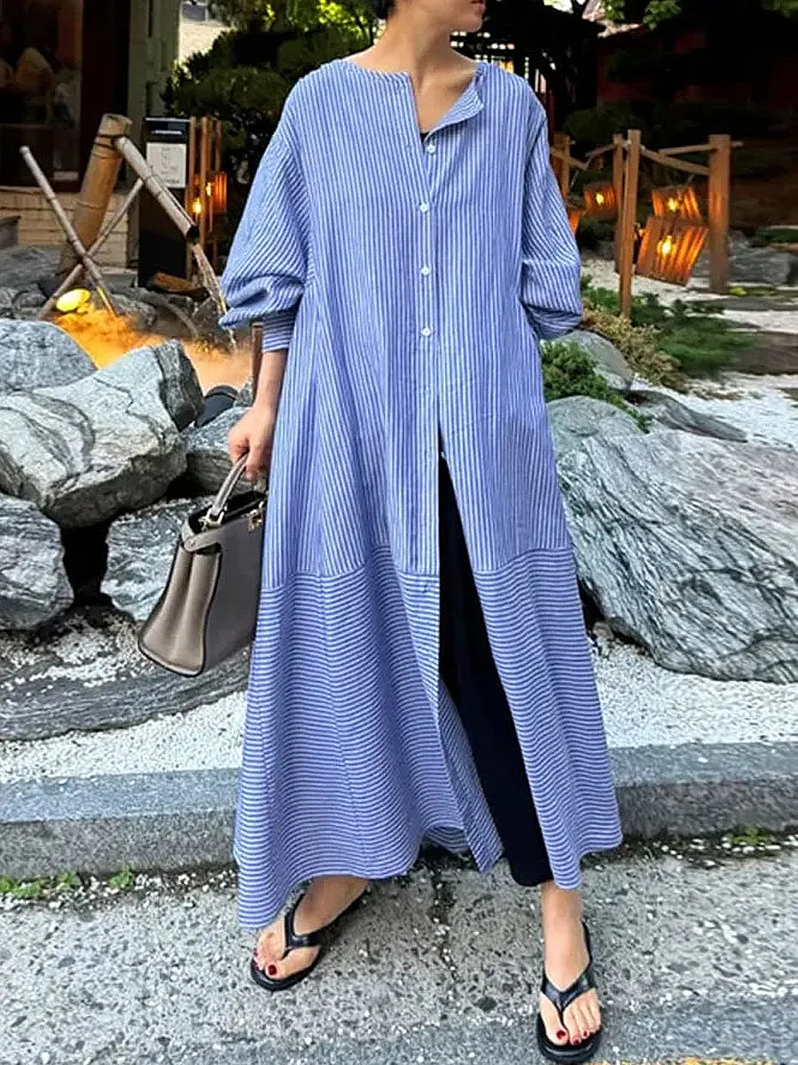 Women's Retro Striped Art Casual Button Cotton Linen Maxi Dress