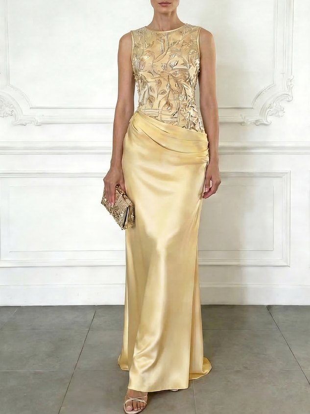 Light Pink Embroidery Satin Crew Neck Sleeveless Sheath Gown Dress