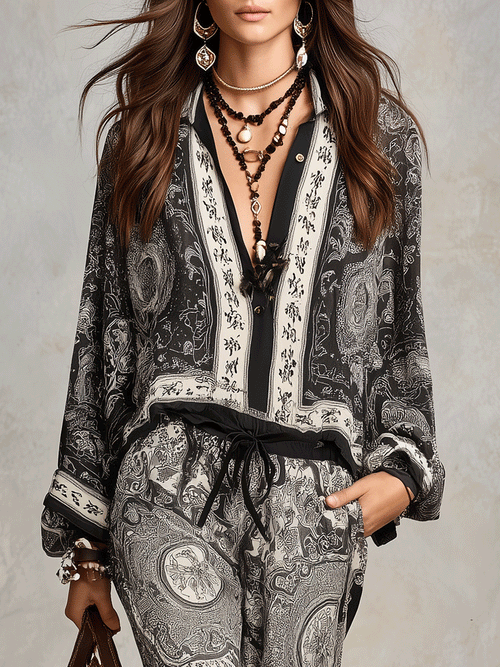 Bohemian Paisley Print Shirt & Wide-Leg Pants Set