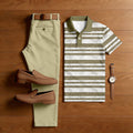 Men's Casual Khaki & White Color Matching Striped Printed Short Sleeved Polo Shirt & Trousers Two-Piece Set