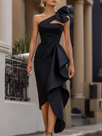 One-Shoulder Sculpted Midi Dress With Statement Bow