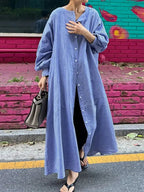 Women's Retro Striped Art Casual Button Cotton Linen Maxi Dress