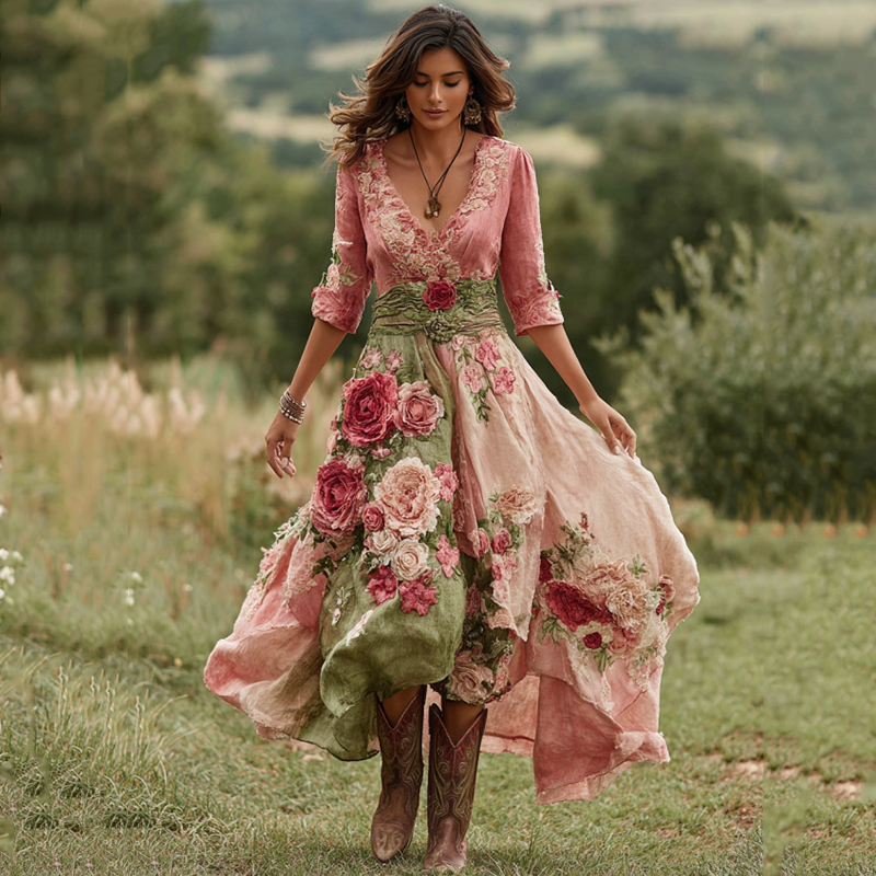 Women's Vintage Floral Art V Neck Linen Blend Maxi Dress