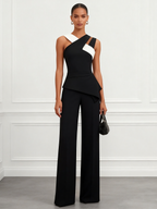 Women Black Cross Pocket Stitching Halter Sleeveless Dressy Jumpsuit