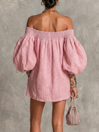 Pink Off-shoulder Lantern Sleeve A-line Loose Mini Dress